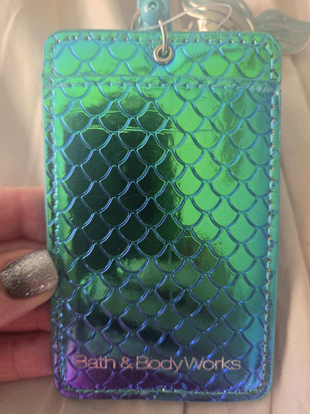 Bath & Body Works Iridescent Green Mermaid Card And Sanitizer Holder, Brand New